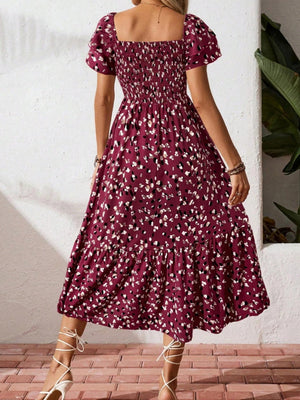 Floral Short Sleeve Square Collar Ruffle Vacation And Leisure Maxi Dresses