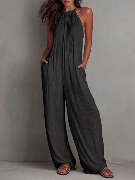 Halter-neck Sleeveless Resort-style White Pleated Backless Wide-leg Jumpsuit