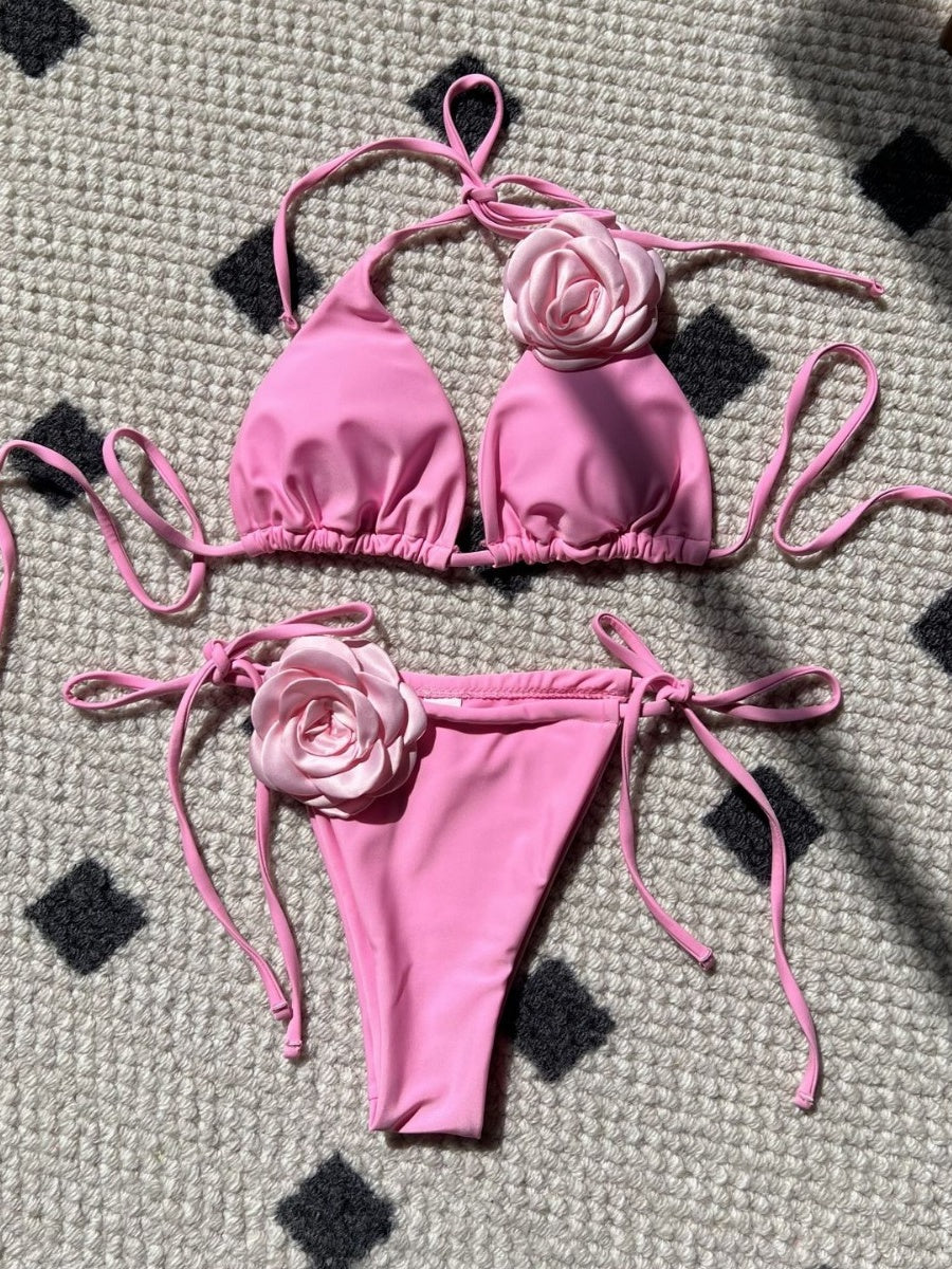 Solid Color Rose Drawstring Two-piece Swimsuit Bikini