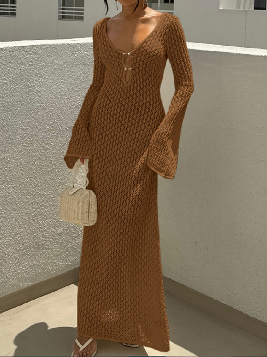 V-neck Round Button Long-sleeved Vacation Maxi Dress/beach Wear