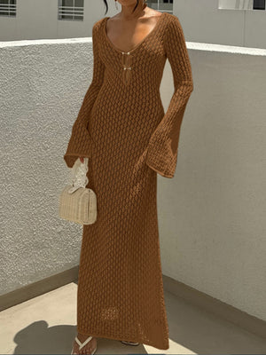 V-neck Round Button Long-sleeved Vacation Maxi Dress/beach Wear