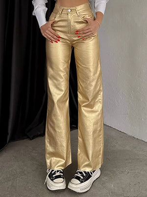 Pocketed, Loose-fitting, Wide-leg, Retro Straight-leg Style In Gold And Silver. Pants