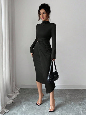 Small Stand Collar Knitting Metal Buckle Decoration Maxi Dresses