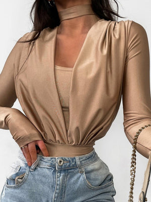 V-neck Slim Fit Pleated Decoration Base Layer Splicing Long-sleeved Bodysuit