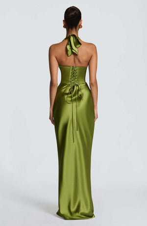 Halter Neck Deep V Long Dress With Pleats And Laces, Sexy Off-shoulder Design Maxi Dresses