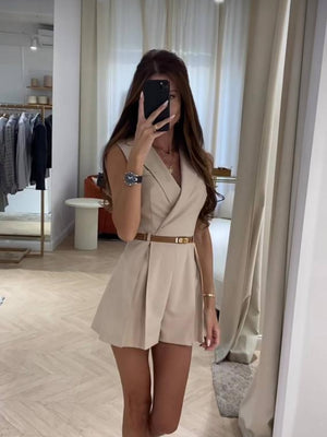 Stylish Business Suit V-neck Zipper Jumpsuit With Belt