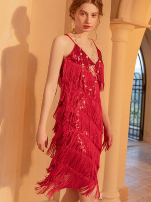 Black Sequins Tassel Spaghetti Strap Midi Dress