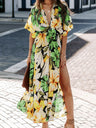 V-neck Short-sleeved Floral Print High-slit Long Dress