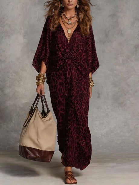 Leopard Print V-neck Fitted Waist Long Dress