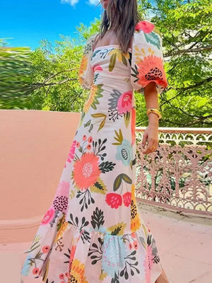 Elegant And Fashionable Printed Lantern Short Sleeves Maxi Dresses