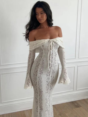 【EXPÉDITION NORMALE】Robes maxi moulantes en dentelle ajourée, épaules dénudées et manches évasées