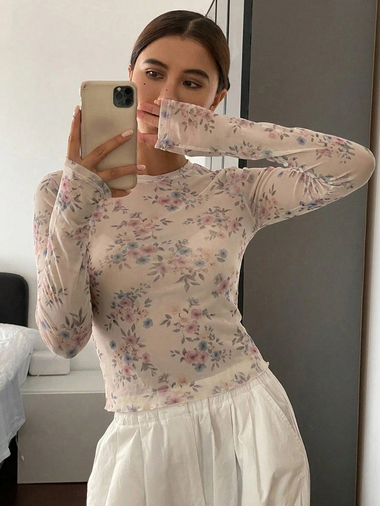 Mesh Print Crew Neck See-through T-shirt