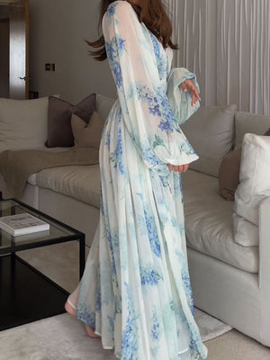 Printed Chiffon Drawstring Maxi Dresses