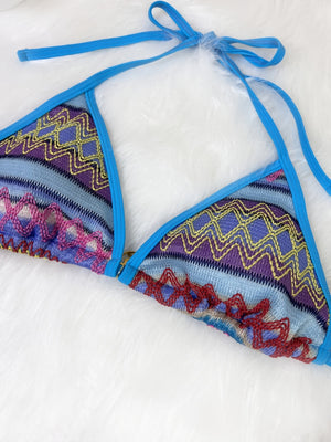 Knitted Color-blocked Striped Tie-up Bikini