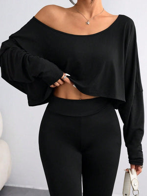 Black Off Shoulder Loose Navel T-shirts