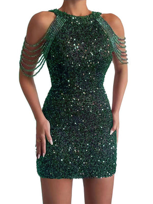 Halter Neck, Off-shoulder, Tassel, Bodycon, Crystal-trimmed Sequined Short Dress