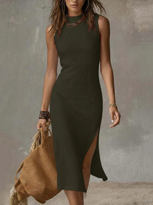 Sleeveless Tank Tops High Slit Temperament Knitting Midi Dresses