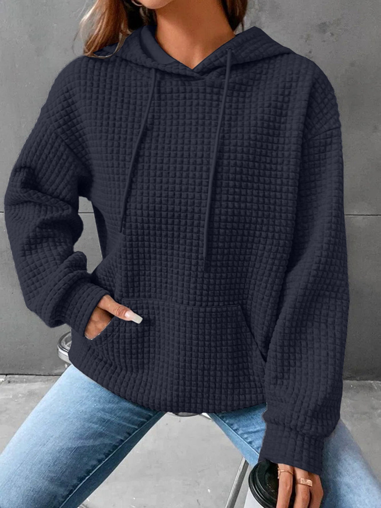 Waffle Drawstring Pocket Round Neck Long Sleeve Hoodie
