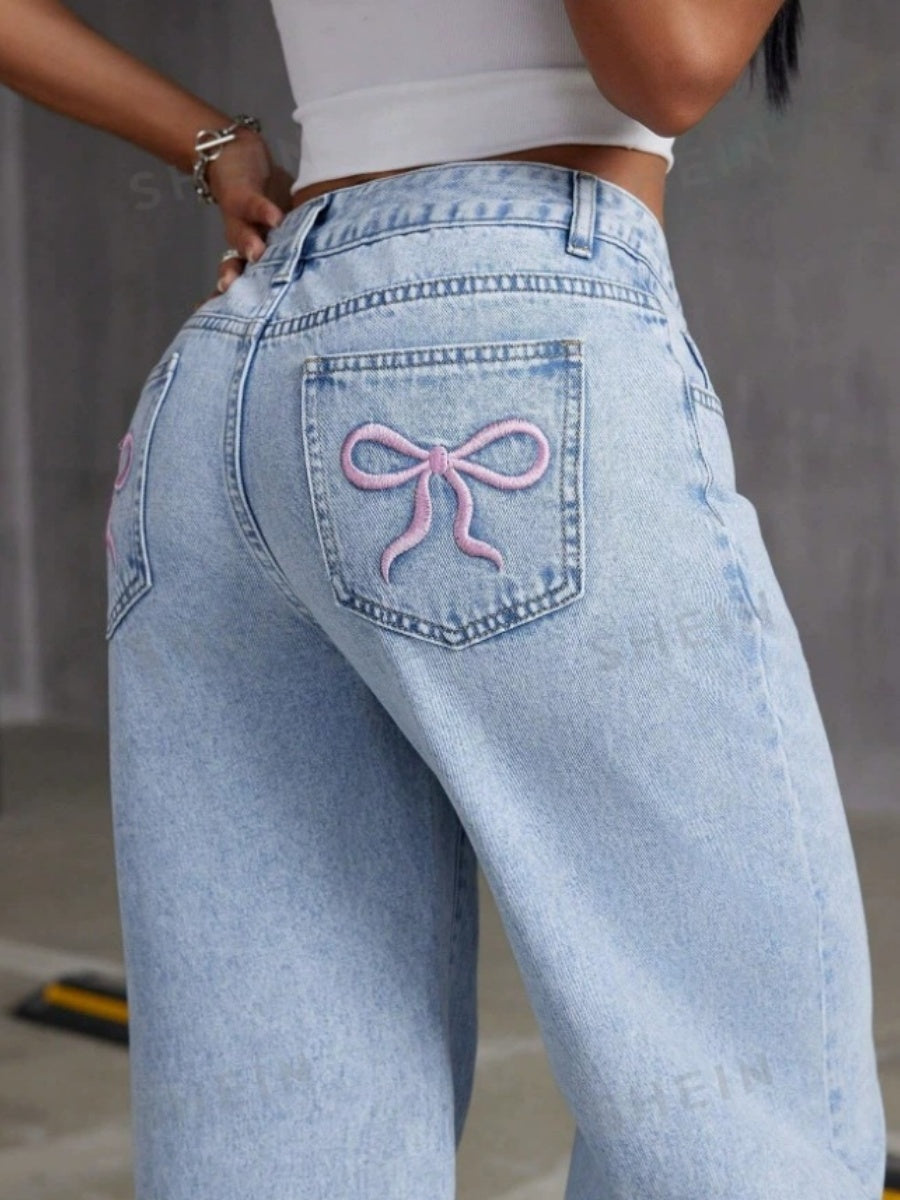 Liber Autumn Women's Embroidery Bow Jeans