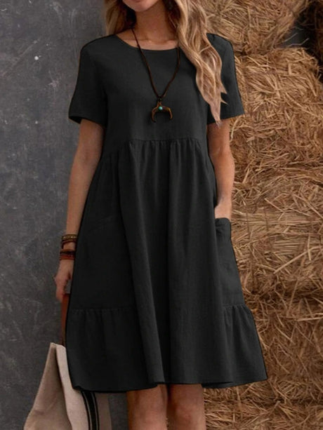 Retro Loose-fitting Pocket Solid Color Round Neck Cotton Linen Short Dress