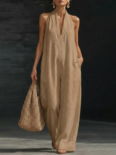 Simple Solid Color V-neck Sleeveless Jumpsuit