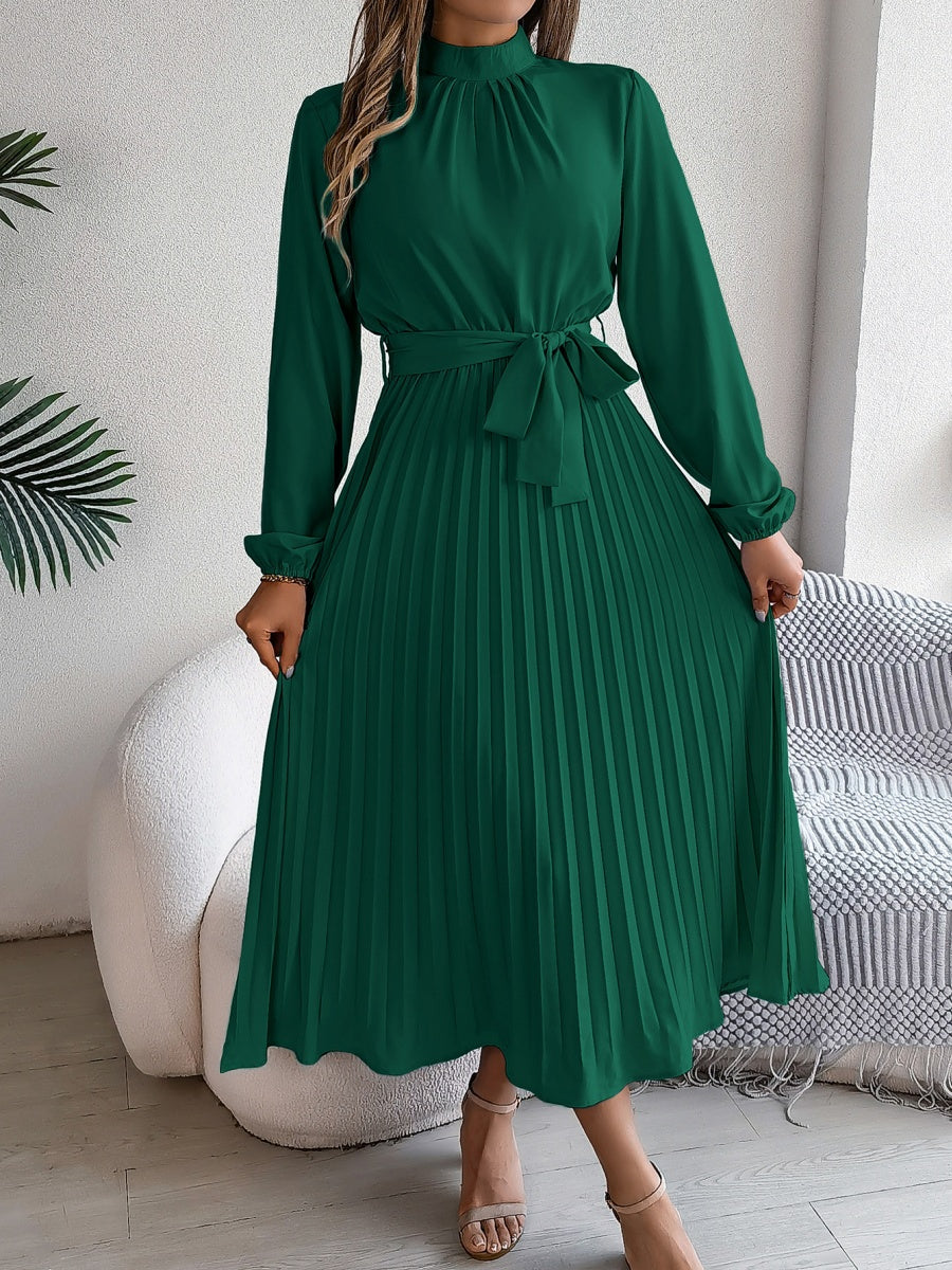 Stand Collar Long Sleeve Waist Pleats Midi Dresses