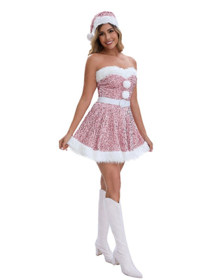 Christmas Sequined Plush Dress Hats Belts Multi-piece Sets