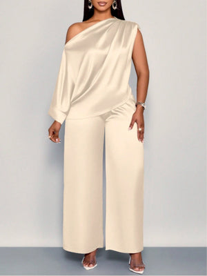 Satin Sloping Shoulders Short Sleeve Jacket Wide-leg Pants Set 2-piece Sets