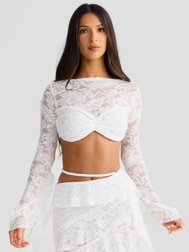 Lace Round Neck Long-sleeved Bell Sleeve Top And Layered Ribbon Skirt Two-piece Set