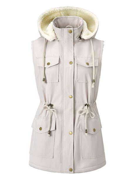 Vest-style Hooded Vests Imitation Lambskin Multi-pocket Sleeveless Workwear Jacket/windbreaker