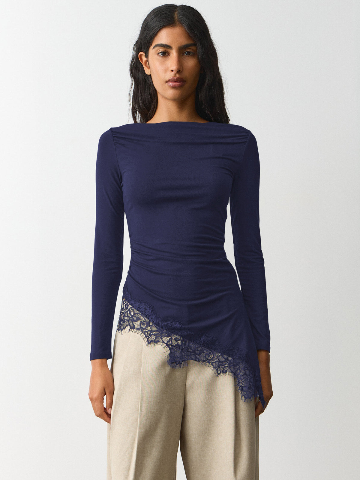 New Women's Simple Solid Color Design, Lace Trim And Slits At The Hem, Slim Fit Long Sleeve Top
