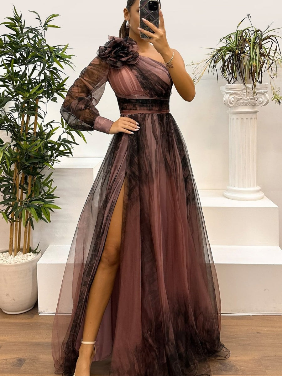 Sloping Shoulders Mesh Printed Reunion Maxi Dresses