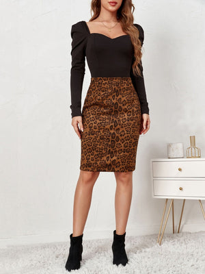 Leopard Suede Zipper High Waist Skirts