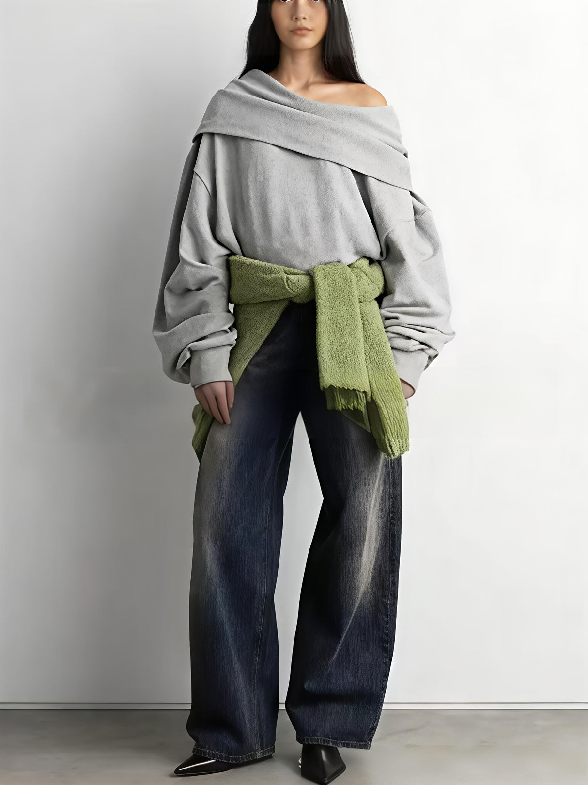 Casual Ribbed Hem Solid Color Off-shoulder Hooded Sweatshirt