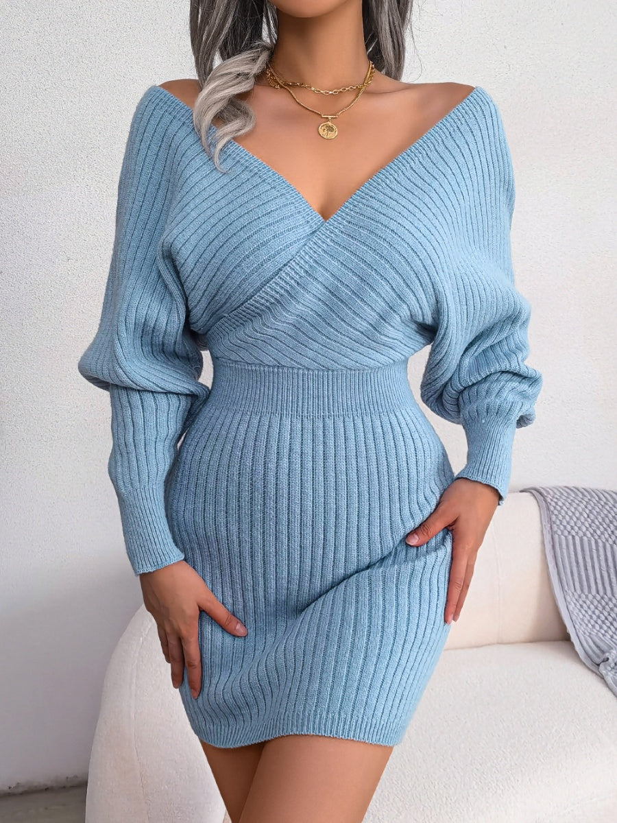 Cross V-neck Batwing Sleeves Hip-hugging Knitting Mini&Short Dresses