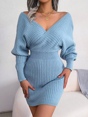 Cross V-neck Batwing Sleeves Hip-hugging Knitting Mini&Short Dresses