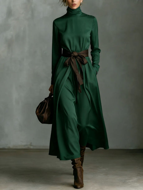 High-neck Long-sleeved Dress With Contrasting Belt