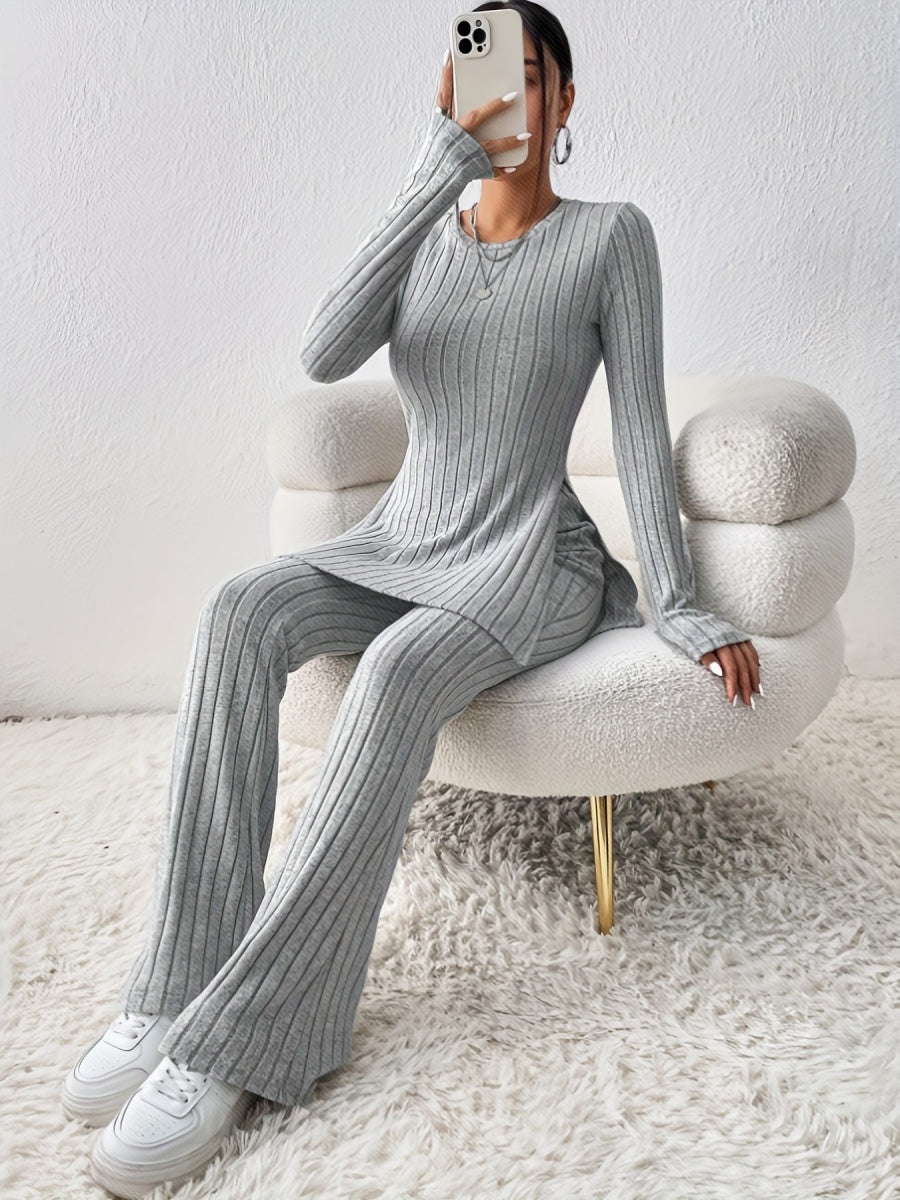 Leisure Long Sleeve Crew Neck Slit Pure Color 2-piece Sets