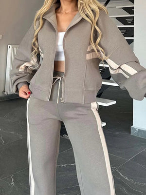 Stripes Zipper Top Wide-leg Pants Leisure Sports 2-piece Sets