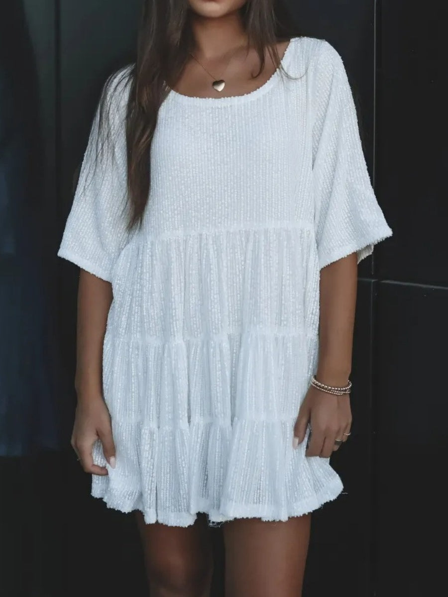 Sequins Crew Neck Loose Waist Short Sleeve Dress