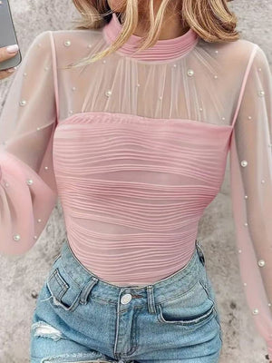 Beading Gathering Gauze T-shirt Sheer Tops
