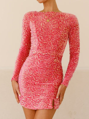 Rückenfreie, paillettenbesetzte Mini- und kurze Partykleider mit langen Ärmeln