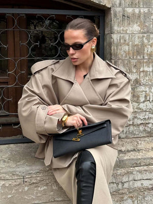 Khaki Lapel Long Sleeve Lace Up Short Trench Coats