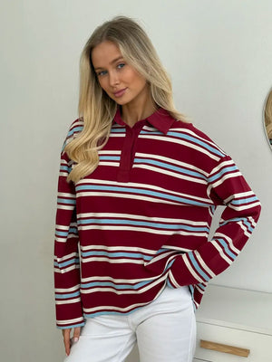 Long-sleeved Striped T-shirt, Polo Collar, Loose-fitting T-shirt