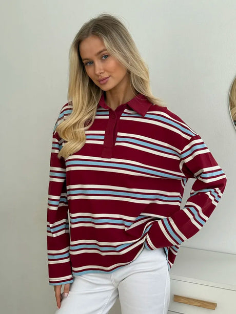 Long-sleeved Striped T-shirt, Polo Collar, Loose-fitting T-shirt