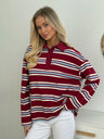 Long-sleeved Striped T-shirt, Polo Collar, Loose-fitting T-shirt