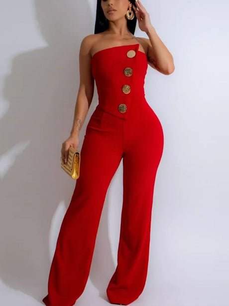 Metal Buttons Strapless Backless Jumpsuits