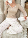 Lace-trimmed Round Neck Crown Print Long-sleeved Pajamas Set