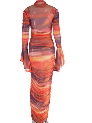 【SHIP AS USUAL】 Print Flared Long Sleeves Crew Neck Hip-hugging Maxi Dresses