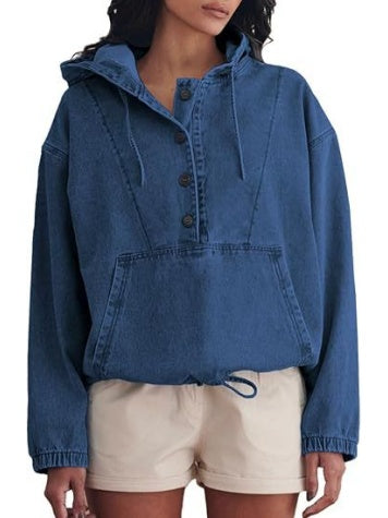 Button-up Pullover Denim Hoodie